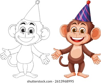 A playful monkey wearing a colorful party hat, designed in a vibrant vector style with bold outlines and cheerful expression