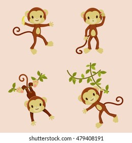 Playful monkeys. Four isolated icons. Vector illustration