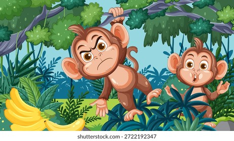 Los monos juguetones interactúan en el follaje denso de la selva, colores vibrantes, Ilustración vectorial de dibujos animados, luz del día