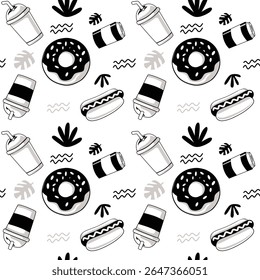 Playful monochromatic seamless pattern featuring fast food items like donuts, hotdogs, and coffee cups, with abstract elements.
