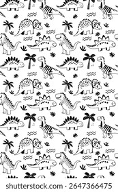 Padrão monocromático sem costura brincalhão com várias ilustrações de dinossauros e palmeiras tropicais em um estilo simples e rabiscante