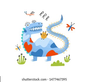 Playful monster, alien, dragon or dinosaur. Adorable fantastic magical creature or mascot. Amusing cartoon character isolated on white background. Colorful childish vector illustration in flat style.