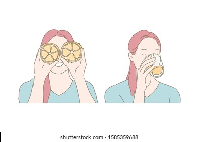 Playful mood, healthy eating habit, drinking juice concept. Joyful woman covering eyes with orange halves. Vegetarian drinking fruit nectar. Girl tasting homemade fruity beverage. Simple flat vector