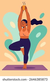 Playful morning yoga pose with woman balancing on one leg and holding a hot coffee mug above head