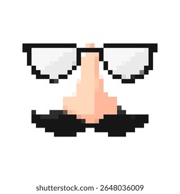Ícone de pixel estilo mosaico brincalhão. apresenta óculos de disfarce clássicos, nariz e bigode em estilo retro.