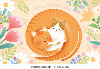 Playful Mothers Day card. Mama cat hugging kitten on light beige background with flowers and plants.