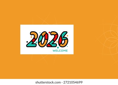Un logo multicolor divertido de 2026 con tipografía divertida de estilo escrito a mano sobre un fondo naranja. Perfecto para proyectos creativos, temas para niños, diseños y gráficos de Año Nuevo. Vector EPS.