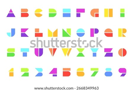 Playful Multicolor Modular Grid Alphabet and Number Set with Bright Geometric Shapes Vector Illustration
