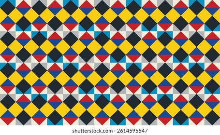 A playful, multicolor tiling pattern composed of overlapping diamonds and split triangles, ideal for wrapping paper and digital design
