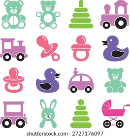 Un divertido conjunto de iconos multicolores con artículos clásicos para bebés y niños en tonos pastel brillantes, que incluyen oso de peluche, pato de goma, coche de juguete, cochecito, chupete y más. Perfecto para App de crianza, diseños de baby shower o productos para niños.

