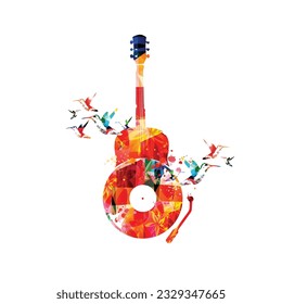 Playful music background with abstract guitar and LP record for banner, card, invitation, poster... Vector illustration for live concert events, music festivals and shows. Party flyer