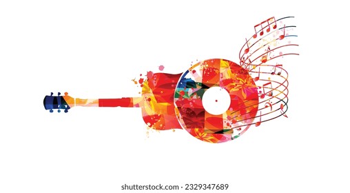 Playful music background with abstract guitar, LP record and musical notes for banner, card, invitation, poster... Vector illustration for live concert events, music festivals and shows. Party flyer