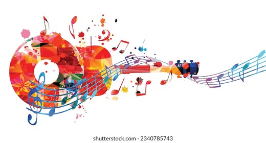 Playful music background with abstract guitar, LP record and musical notes for banner, card, invitation, poster... Vector illustration for live concert events, music festivals and shows. Party flyer	