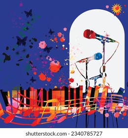 Playful music background with abstract piano keyboard and microphones for banner, card, invitation, poster... Vector illustration for live concert events, music festivals and shows. Party flyer	