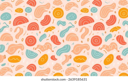 Playful naive art seamless pattern with colorful abstract doodles