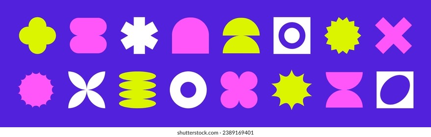 Playful Naive Shapes. Y2k minimal geometry. Trendy Abstract Elements for design. Modern brutalism style. Set with Bright isolated elements for naive posters. Futurism colors. Neon
