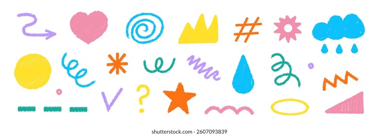 A playful and naive vector set featuring scribble crayon designs with a collage of geometric, irregular, and organic shapes, including a heart, cloud, star, and textures.