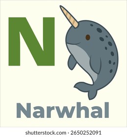 Caricatura narval brincalhão com a letra N. Perfeito para cartões de aprendizado com tema ártico, cartazes infantis e materiais educacionais. Um design único de animal marinho para o aprendizado do alfabeto.