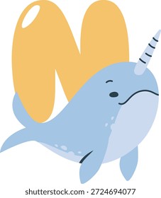 Uma ilustração divertida narwhale com uma grande letra N ao fundo