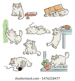 Playful naughty cat stealing food, scratching furniture and other funny scenes, sketch vector illustrations set isolated on white background. Pets and animal's bad behavior.