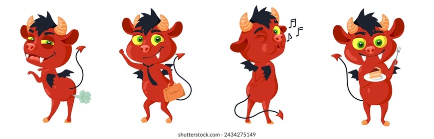 Playful naughty devil cartoon characters humor stickers set vector illustration. Red-skinned horned evil monster emoticon for communication and messaging