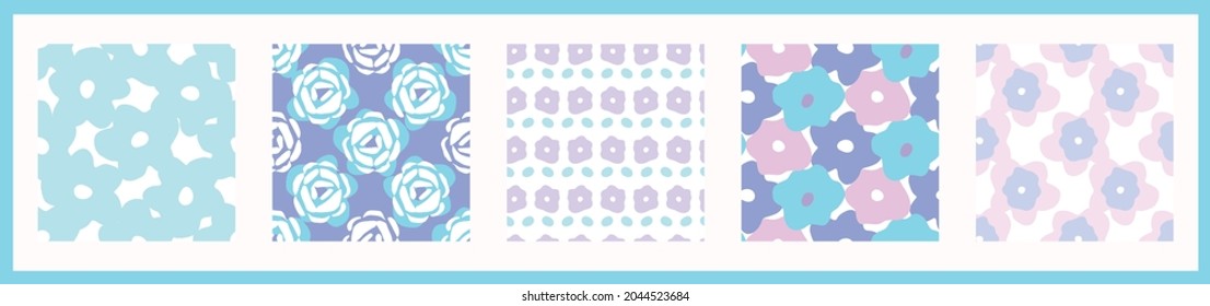 Playful neon floral seamless vector collection. Colorful bold flowers in retro silhouette style. Hand drawn whimsical doodle backdrop. For natural modern all over print. 