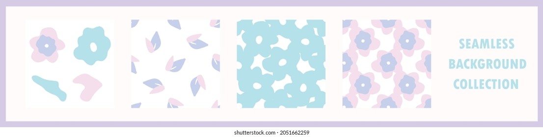 Playful neon floral seamless vector collection. Colorful bold flowers in retro silhouette style. Hand drawn whimsical doodle backdrop. For natural modern all over print. 