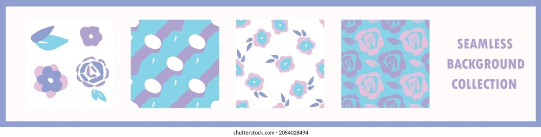 Playful neon floral seamless vector collection. Colorful bold flowers in retro silhouette style. Hand drawn whimsical doodle backdrop. For natural modern all over print. 