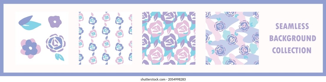 Playful neon floral seamless vector collection. Colorful bold flowers in retro silhouette style. Hand drawn whimsical doodle backdrop. For natural modern all over print. 