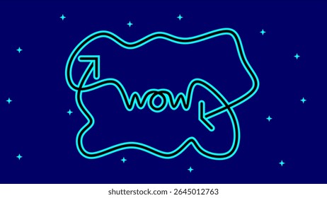 Playful neon outline of a Wow speech bubble with whimsical arrows, set against a starry blue background. Perfect for expressive digital content or engaging social media