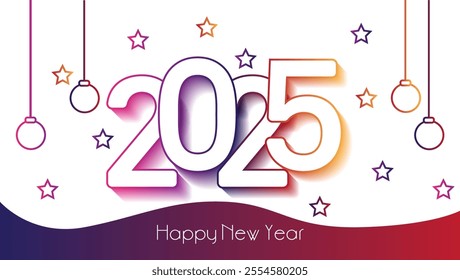  A playful New Year card featuring 2025 in colorful outlined numbers on a white background Colorful stars and hanging ornaments enhance the festive feel with Happy New Year in a stylish font below