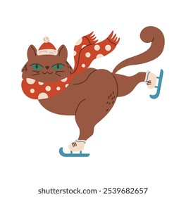 Playful New Year cat on skates flat color vector character. Funny animal in Santa hat and winter scarf illustration on white background