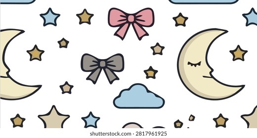 Playful night sky fabric pattern featuring moons, stars, clouds, and bows, ideal for children's room decor and nighttime themes.
