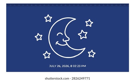 Playful night sky graphic featuring a smiling moon, stars, and calendar date July 26, 2026, suitable for celestial or date-themed projects.