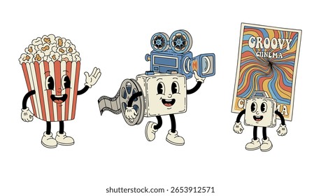 Arte cinematográfica lúdica e nostálgica em estética retrô. Pipoca sorridente, projetor antigo e cartaz colorido — perfeito para conteúdo audiovisual ou promocional.