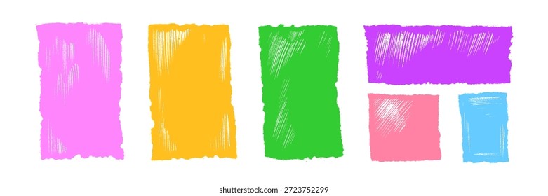 Página de cuaderno juguetón para marcas, hoja rasgada. Colección de caja de crayón colorida con Formas geométricas y texturas ásperas. Lindos diseños pastel para el fondo artístico