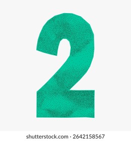 Playful number 2 in bright green colors, collage style ransom note. Jagged edges and textured crumpled paper create a fun, childlike digit design.