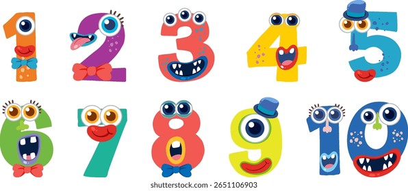 Playful numbers with monster faces, vibrant colors, and whimsical expressions. Ideal for children's educational materials and creative projects