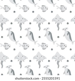 Playful ocean creatures: whales, fish, and rays on a seamless pattern.