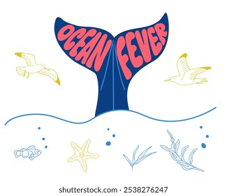 Ilustração divertida do oceano com uma cauda de baleia apresentando texto de febre do oceano, gaivotas, peixes, estrelas-do-mar e algas marinhas isoladas em fundo branco. Letras do Wordplay e rabiscos vetoriais