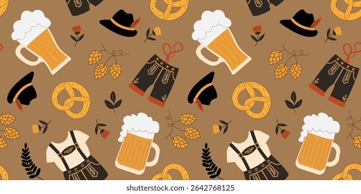 playful october festival fundo design impressão repetível para eventos alemães festas promoções mostrando pretzels cerveja traje sem costura oktoberfest padrão