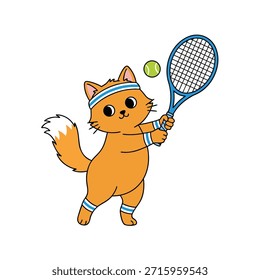Un gato naranja juguetón vestido con una diadema y pulseras, balanceando una raqueta de tenis en una pelota.