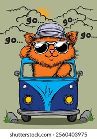 Playful orange cat driving a retro van with sunglasses in a fun travel illustration
