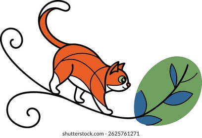 Playful Orange Cat Walking On Swirling Vine With Green Leaf Illustration