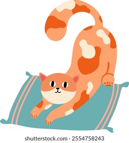 Playful orange cat with white spots is arching its back and stretching its paws on a teal pillow with pink stripes, creating a cheerful and adorable scene