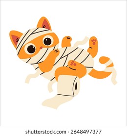 Playful orange cat wrapped in mummy bandages with toilet paper, perfect for Halloween-themed designs, cute spooky illustrations, party decor, and funny seasonal artwork.