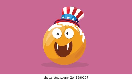 A playful orange emoji with vampire teeth and American-themed hat for emoji day