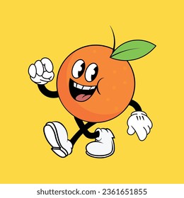 Playful orange fruit character with smiling face, white gloves, and sneakers walking joyfully on bright yellow background. Retro cartoon mascot illustration in vintage animation style.