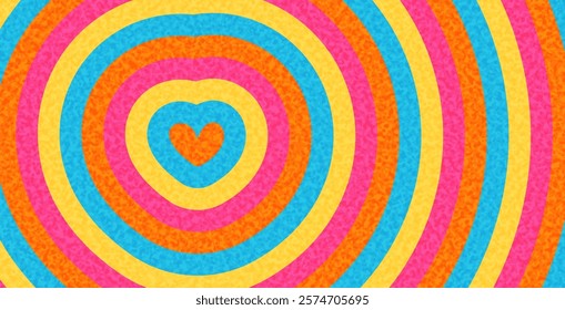 A playful orange heart surrounded by colorful concentric rings in blue, yellow, pink, and orange tones. Energetic and fun for creative designs.