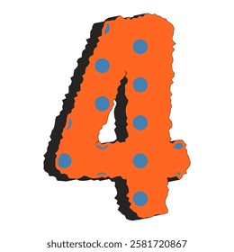 Playful orange number four with blue polka dots and jagged black shadow, isolated on transparent background. Vector art for kids educational materials, birthday celebrations.